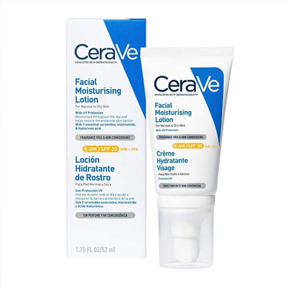 A tube of CeraVe Facial Moisturising Lotion AM SPF 30 with broad spectrum UVA/UVB protection, ceramides, and a lightweight formula, standing upright beside its blue and white box packaging. White tube with pump dispenser with blue CeraVe branding.