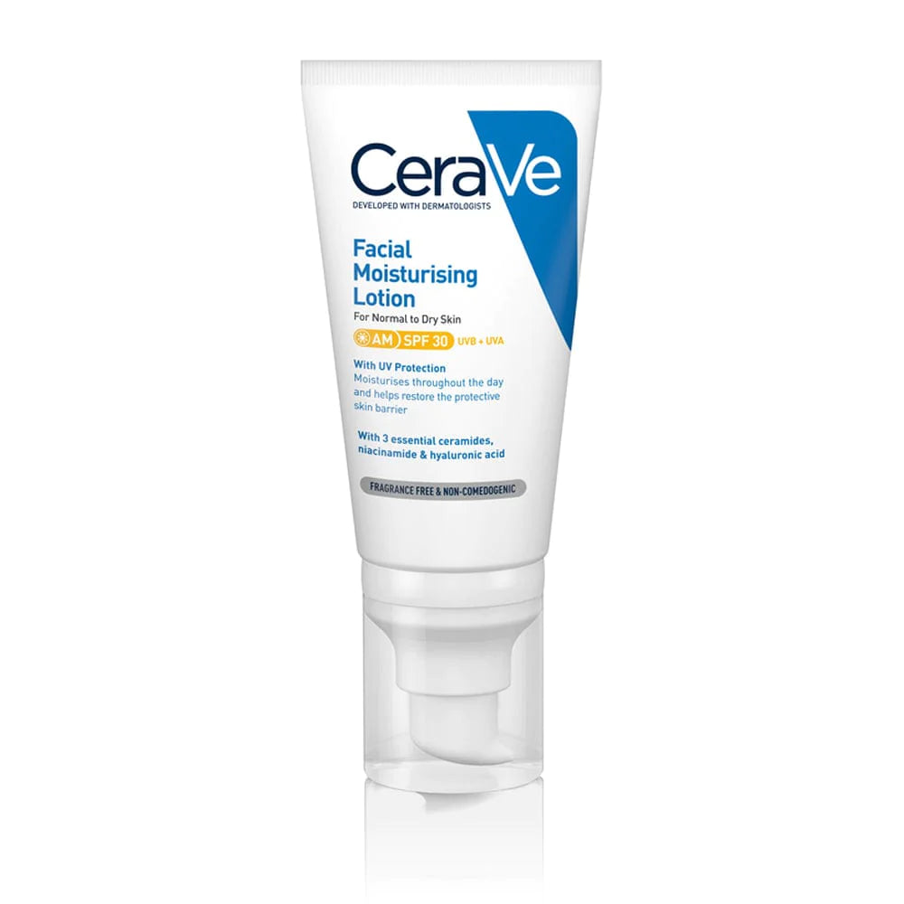 A tube of CeraVe Facial Moisturising Lotion AM SPF 30 with broad spectrum UVA/UVB protection, ceramides, and a lightweight formula. White tube with pump dispenser with blue CeraVe branding.
