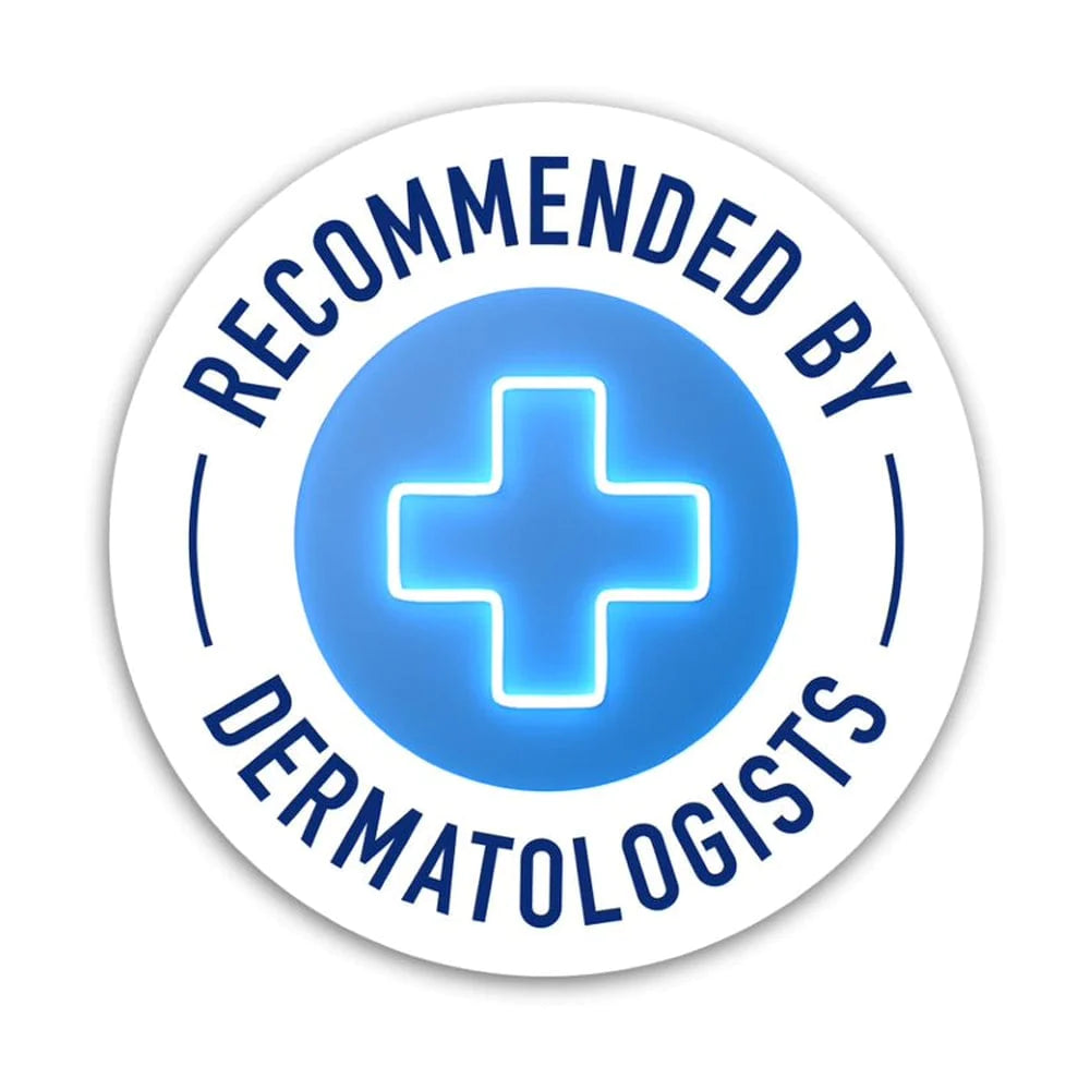 Blue cross encircled by RECOMMENDED BY DERMATOLOGISTS. It is  a bright and informative circle logo.