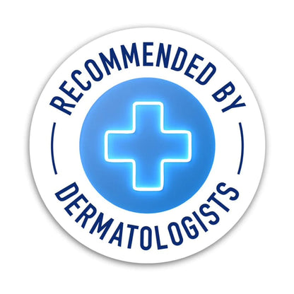 Blue cross encircled by RECOMMENDED BY DERMATOLOGISTS. It is  a bright and informative circle logo.
