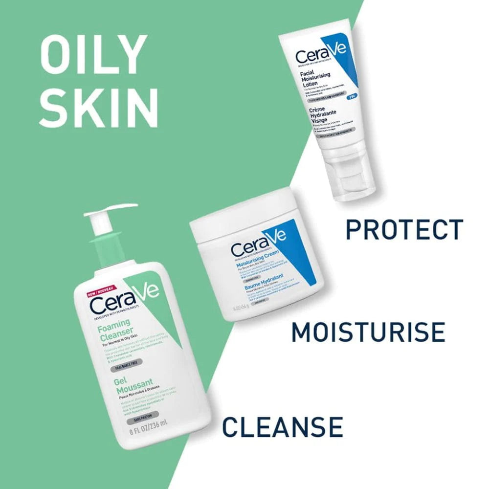Three CeraVe skin care products, including a foaming cleanser, moisturizing lotion, and protective cream, arranged for display on a white and green background.