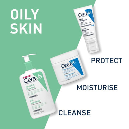Three CeraVe skin care products, including a foaming cleanser, moisturizing lotion, and protective cream, arranged for display on a white and green background.
