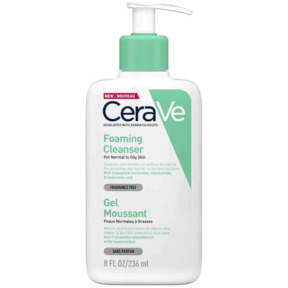 Image of CeraVe Foaming Cleanser for normal to oily skin on a white background. Light green and white pump bottle.