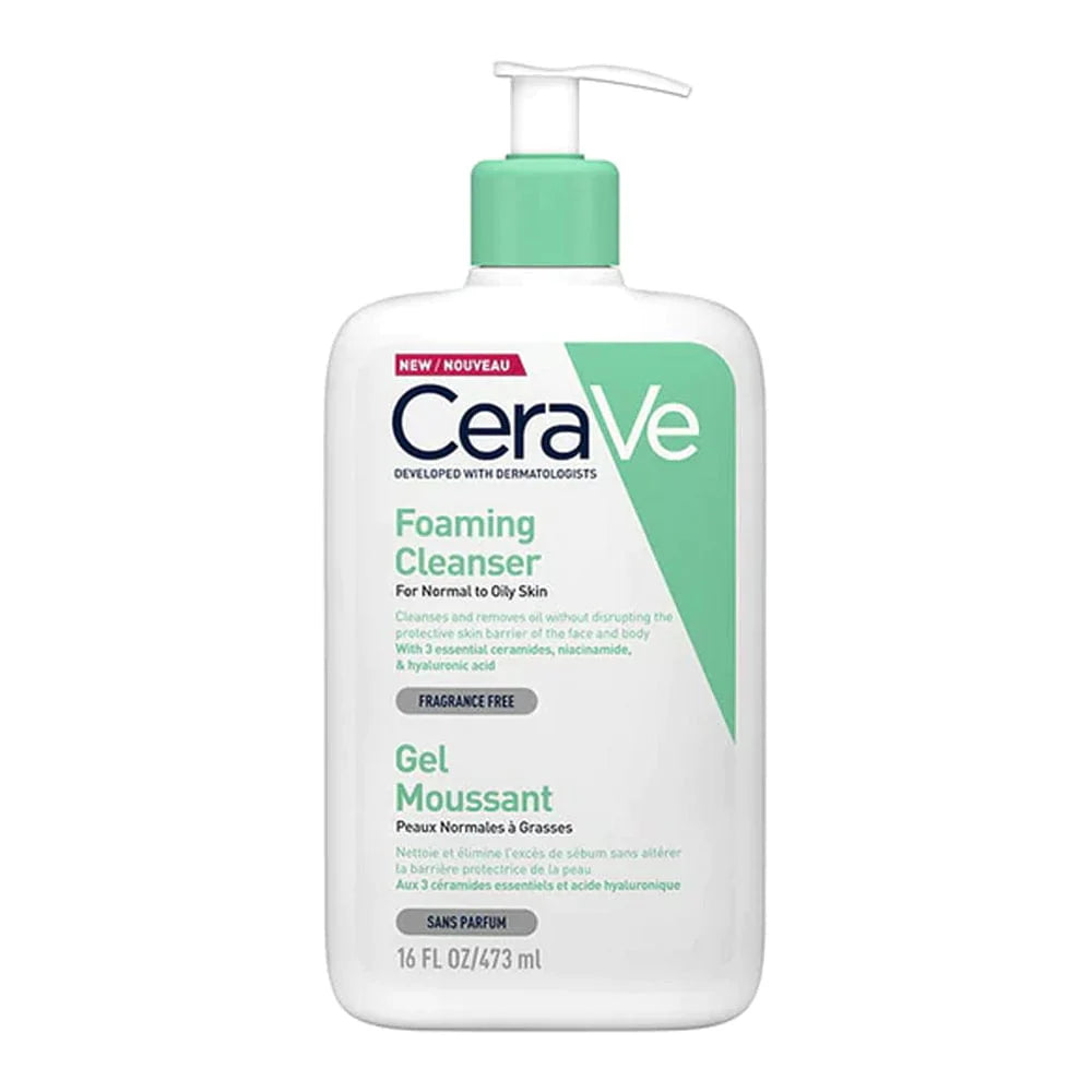Image of CeraVe Foaming Cleanser for normal to oily skin on a white background. Light green and white pump bottle.