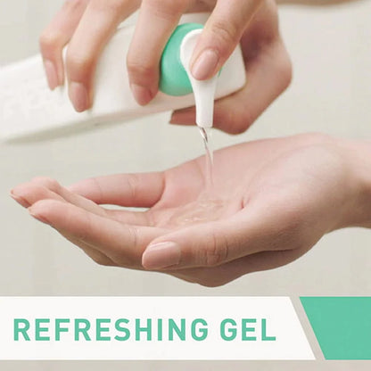 Photograph of liquid gel cleanser being pumped onto palm of hand with statement refreshing gel underneath.