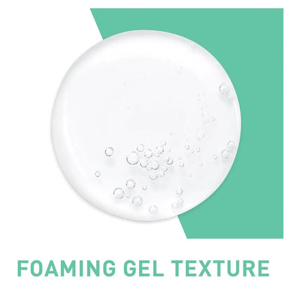 White and green square with a circle of white foam representing foaming gel texture of CeraVe Foaming Cleanser.