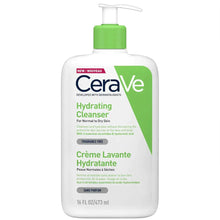 Image of green and white CeraVe Hydrating Cleanser Pump bottle - for normal to dry skin. With 3 essential ceramides and hyaluronic acid.