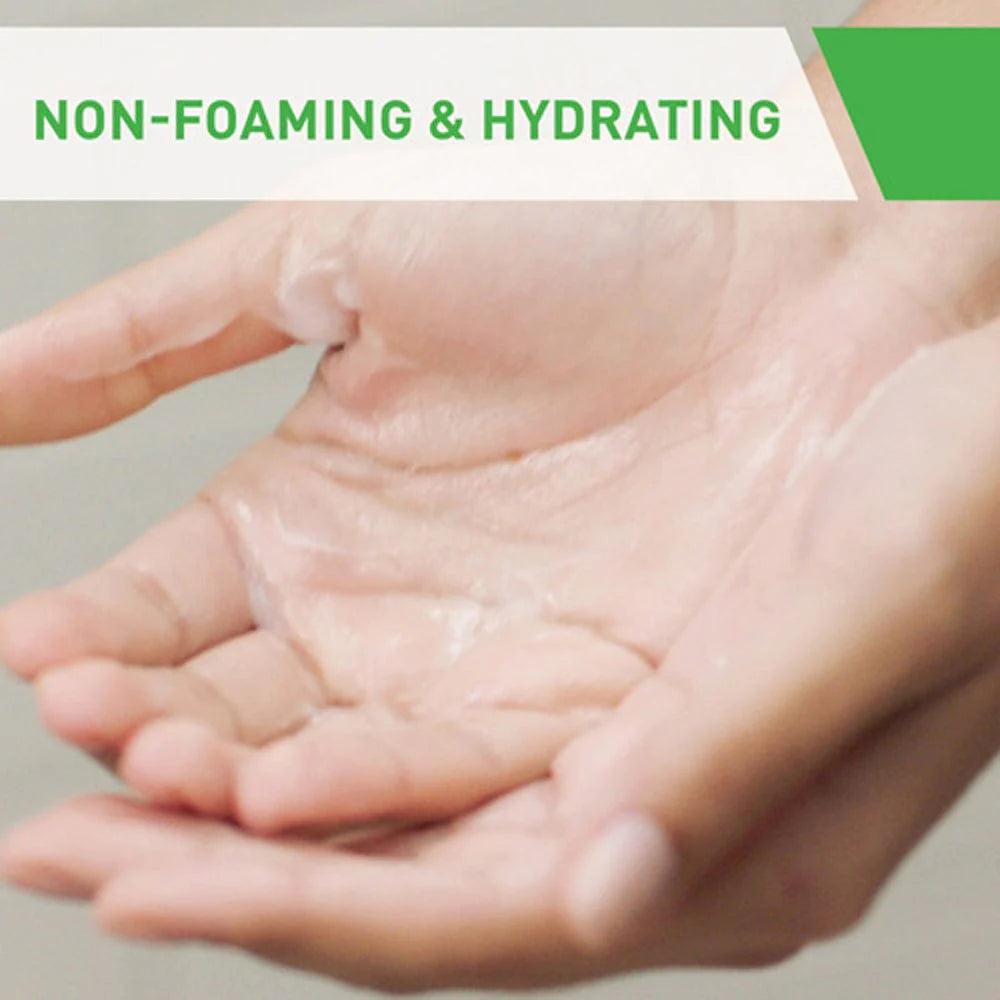 Image non foaming cleanser on hands. Hydrating texture.