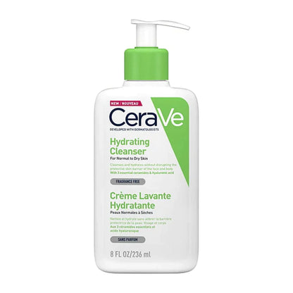 Image of green and white CeraVe Hydrating Cleanser Pump bottle 8 fl. Oz - for normal to dry skin. With 3 essential ceramides and hyaluronic acid,