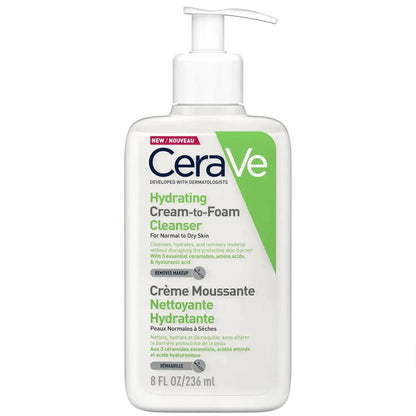 A pump bottle of CeraVe Hydrating Cream-to-Foam Cleanser with a white and green label.
