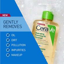 Image of a bottle of CeraVe Hydrating Foaming Oil Cleanser surrounded by foam and bubbles on a white background with a blue infoghraphic telling us that this cleanser gently removes oil, dirt, pollution, impurities and makeup.