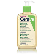 A pump bottle of CeraVe Hydrating Foaming Oil Cleanser with a green label and clear liquid visible inside.