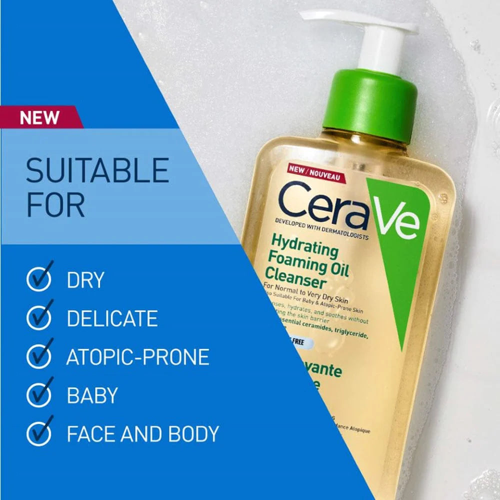 Image of a bottle of CeraVe Hydrating Foaming Oil Cleanser surrounded by foam on a white background with writing telling you that it is suitable for dry, delicate, atopic-probe, baby skin as well as face and body.
