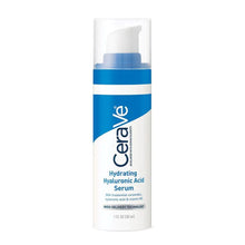 Image of blue and white cylindrical pump bottle of CeraVe Hydrating Hyaluronic Acid Serum with 3 essential ceramides and panthenol vitamin B5 emollient.