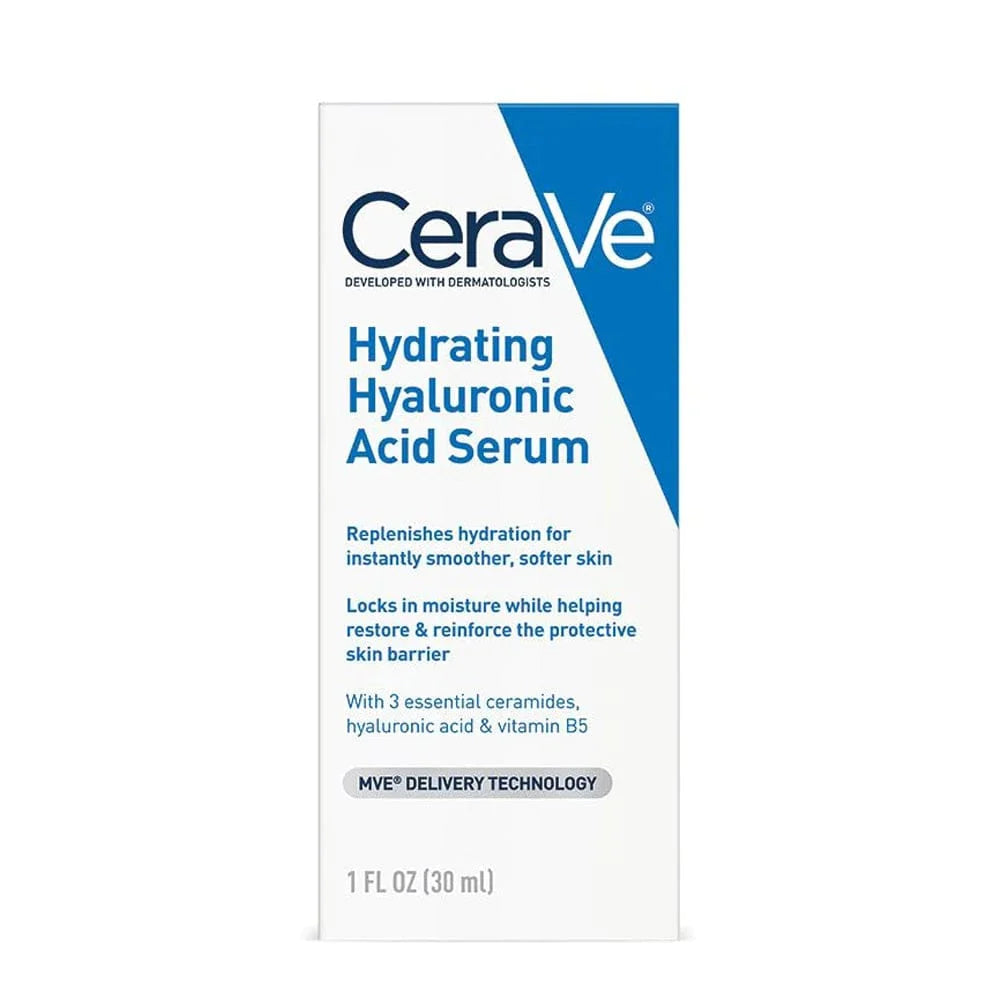 Image of blue and white rectangular box of CeraVe Hydrating Hyaluronic Acid Serum with 3 essential ceramides and panthenol vitamin B5 emollient. Replenishes hydration for instantly smoother, softer skin.