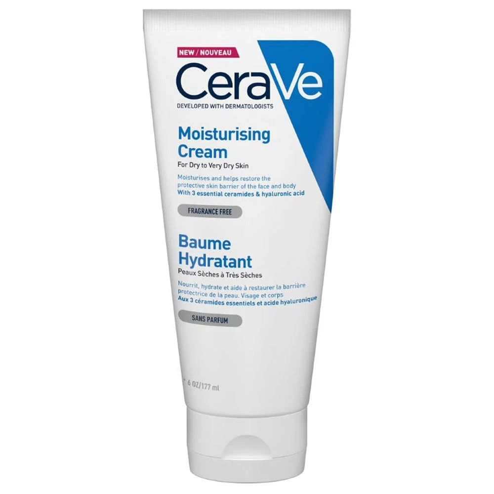 Image of blue and white tube of Cerave Moisturising Cream for dry to very dry skin in 177ml size.