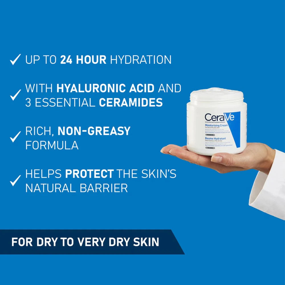 A container of CeraVe Moisturising Cream with text highlighting features such as 'Up to 24 hour hydration', 'With Hyaluronic Acid and 3 Essential Ceramides', 'Rich, non-greasy formula', and 'Helps protect the skin's natural barrier'.
