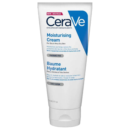 Image of 177ml tube of blue and white CeraVe Moisturising Cream for dry to very dry skins types. The background is white.