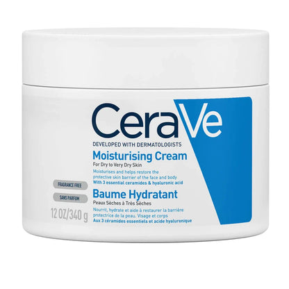 Image of 5340g / 12 OZ blue and white  pot of CeraVe Moisturising Cream for dry to very dry skin types. The background is white. The packaging states that this product is developed by dermatologists.