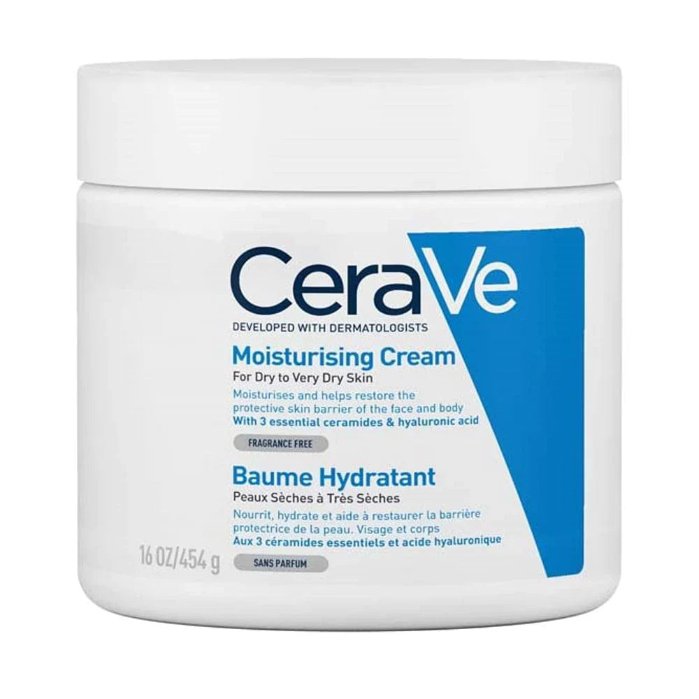 Image of 454g / 16 OZ tub of CeraVe Moisturising Cream for dry to very dry skin. The background is white. The packaging states that this product is developed by dermatologists.