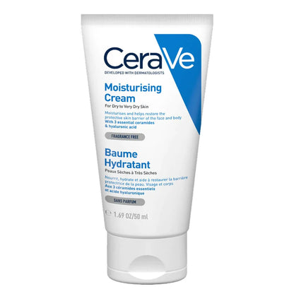 Image of 50ml tube of blue and white CeraVe Moisturising Cream for dry to very dry skins types. The background is white.