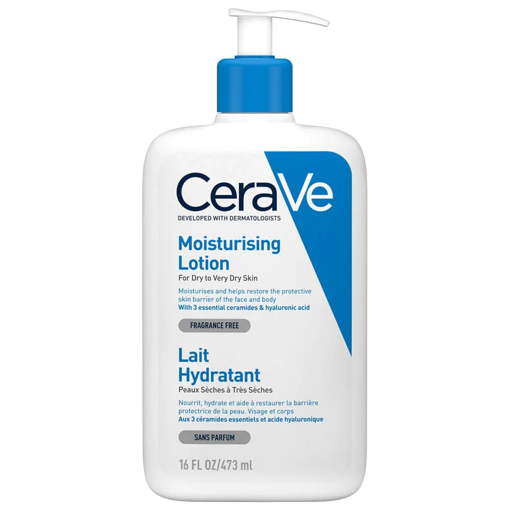 Image of a blue and white pump bottle of CeraVe Moisturising Lotion for Dry to Very Dry Skin 473ml on a white background