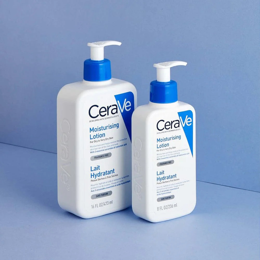 Image of two blue and white pump bottles of CeraVe Moisturising Lotion on a lilac background. Two sizes of fragrance free moisturiser in 236mls and 473ml sizes.
