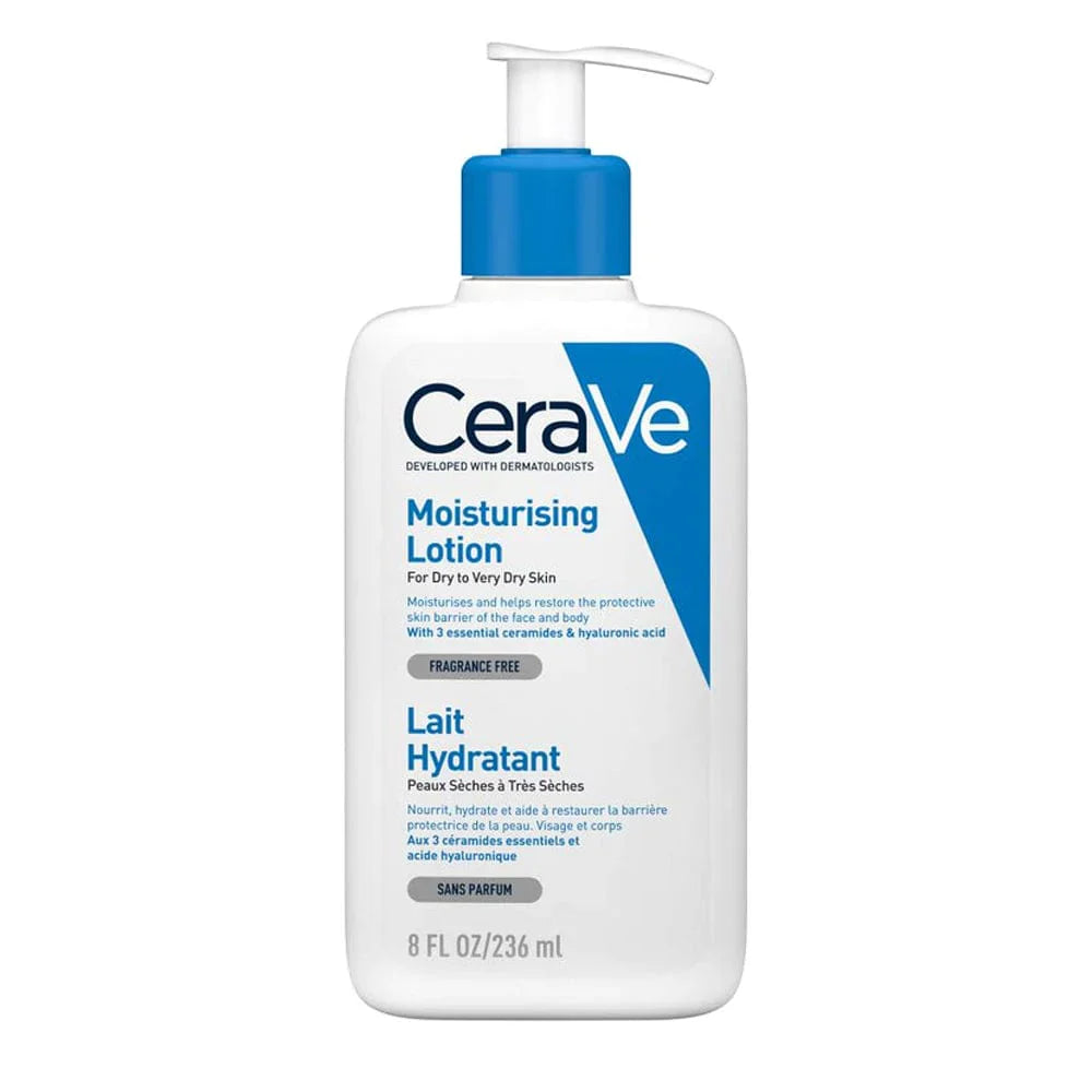 A pump bottle of CeraVe Moisturising Lotion for dry skin, with blue and white packaging.