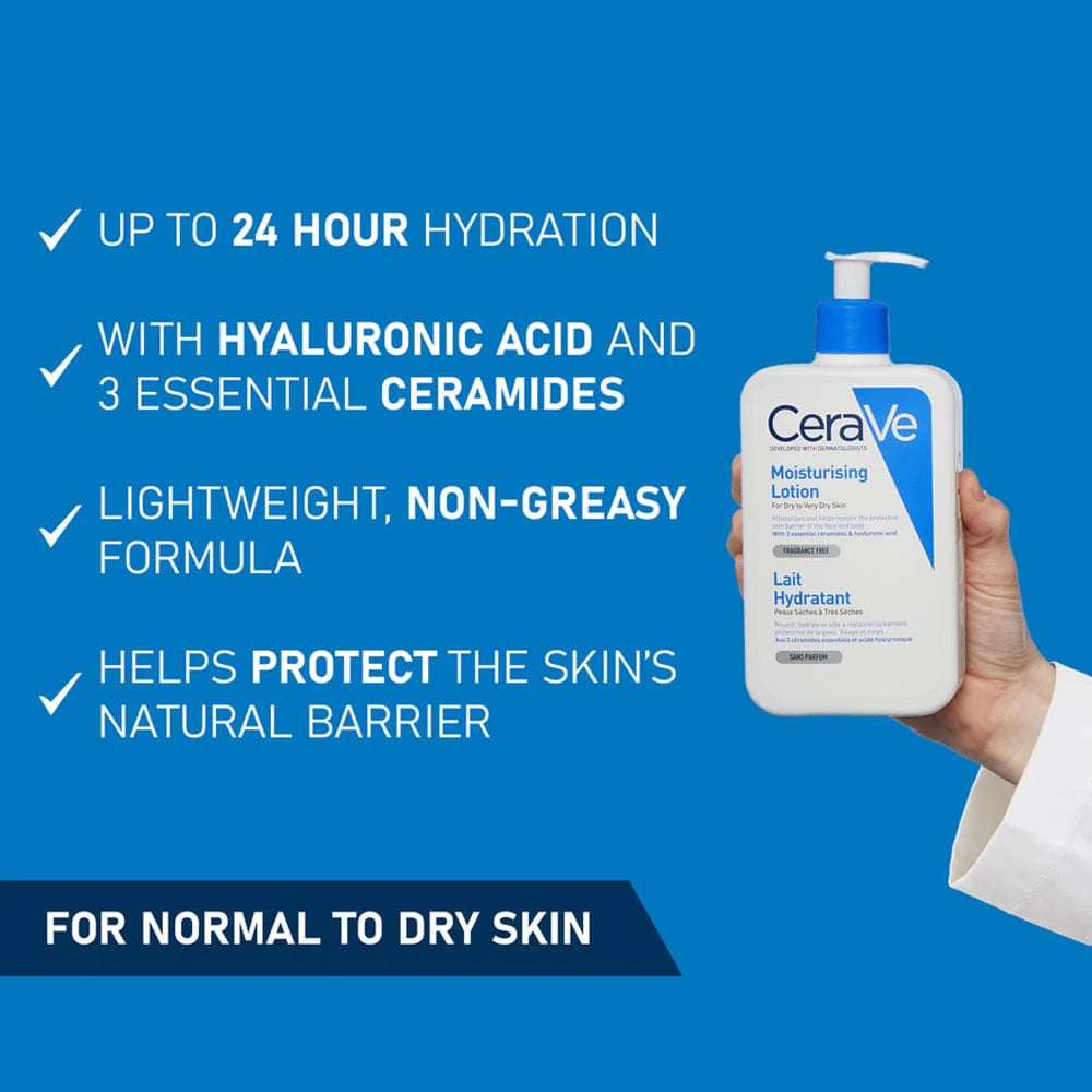 Image of large pump bottle of Cerave moisturising lotion fir face and body, suitable for dry to very dry skin. Provides upto 24 hour hydration with hyaluronic acid, ceramides and a non-greasy formula. It helps protect the skin's natural barrier on the face and body. All written on a blue background.