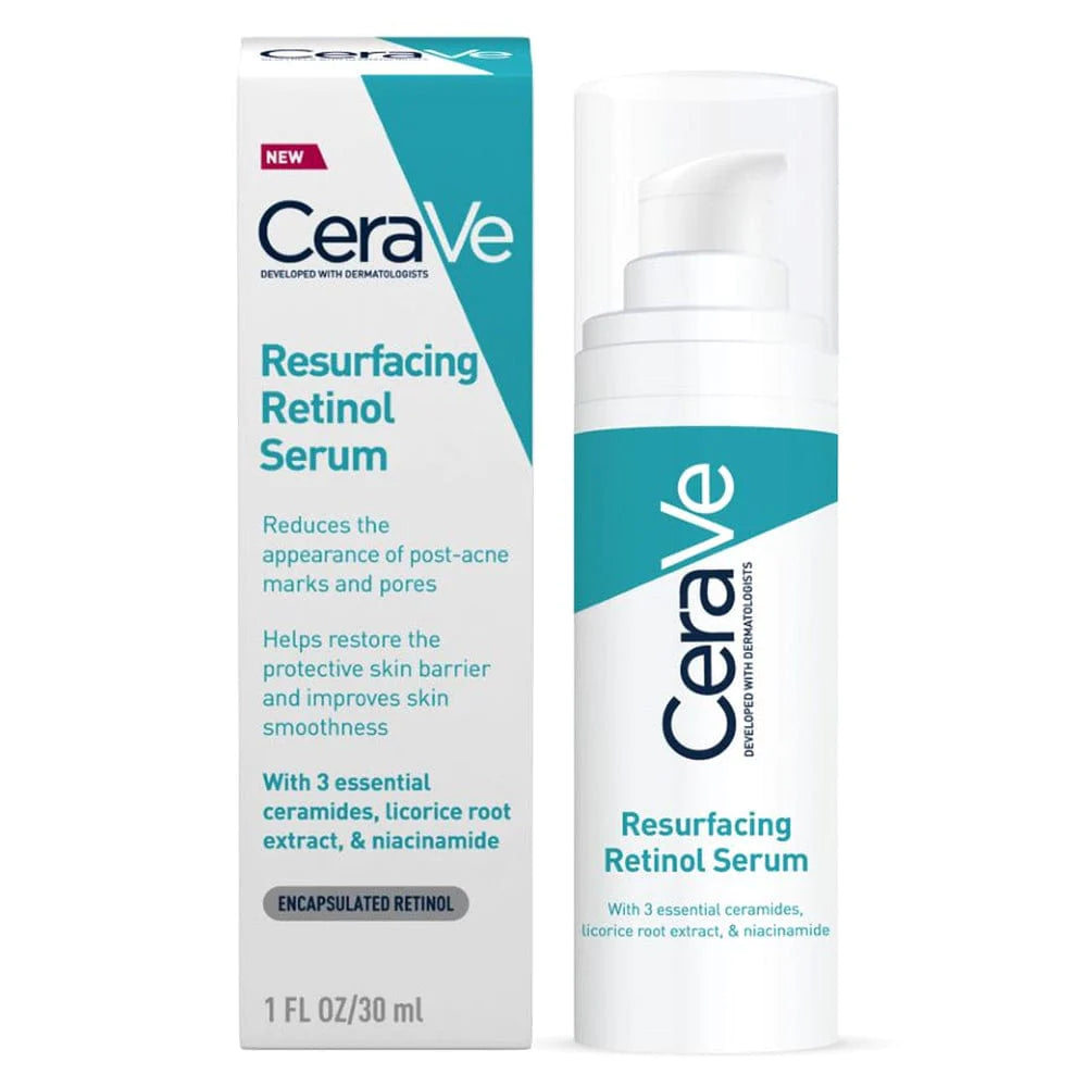CeraVe Resurfacing Retinol Serum packaging and bottle, with the key features highlighted on the label. They are: reduces appearance of post-acne marks and pores. Helps restore the protective skin barrier and improves skin smoothness with 3 essential ceramides, licorice root extract and niacinamide B5.