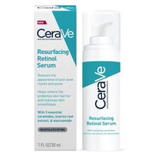 CeraVe Resurfacing Retinol Serum packaging and bottle, with the key features highlighted on the label. They are: reduces appearance of post-acne marks and pores. Helps restore the protective skin barrier and improves skin smoothness with 3 essential ceramides, licorice root extract and niacinamide B5.