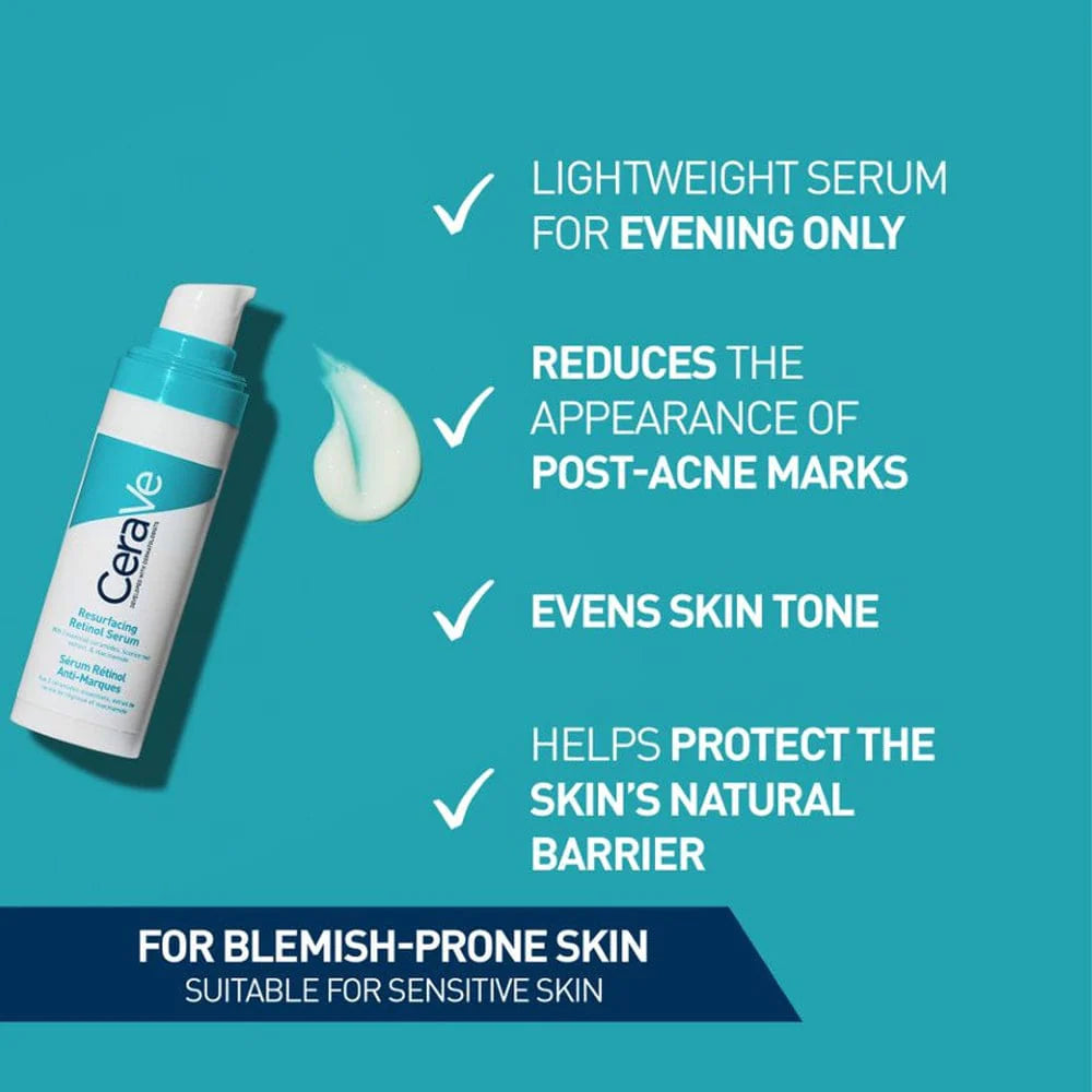 CeraVe Resurfacing Retinol Lightweight Serum  reduces appearance of post-acne marks and pores. Helps restore the protective skin barrier and improves skin smoothness with 3 essential ceramides, licorice root extract and niacinamide B5. Suitable for sensitive skin.