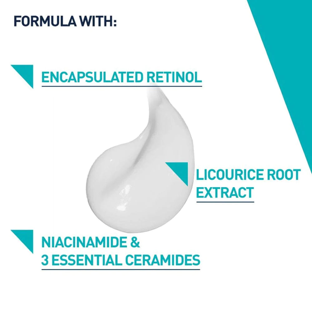Information about CareVe Resurfacing Retinol product. It says that it conatins encapsulated retinol, licorice root extract, niacinamide B5 and 3 essential ceramides for skin barrier health.