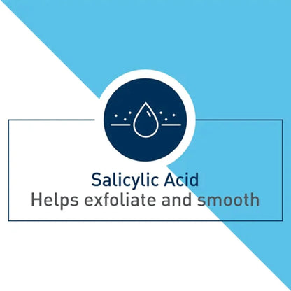 Blue and white square with Salicylic Acid Helps exfoliate and smooth, written below a diagram of a droplet hitting a flat surface inside a navy blue circle.