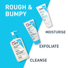 Turquoise and white diagram stating that the CeraVe SA range is suitable for rough and bumpy skin, and that there are three products that can be used to cleanse, exfoliate and moisturise dry skin.