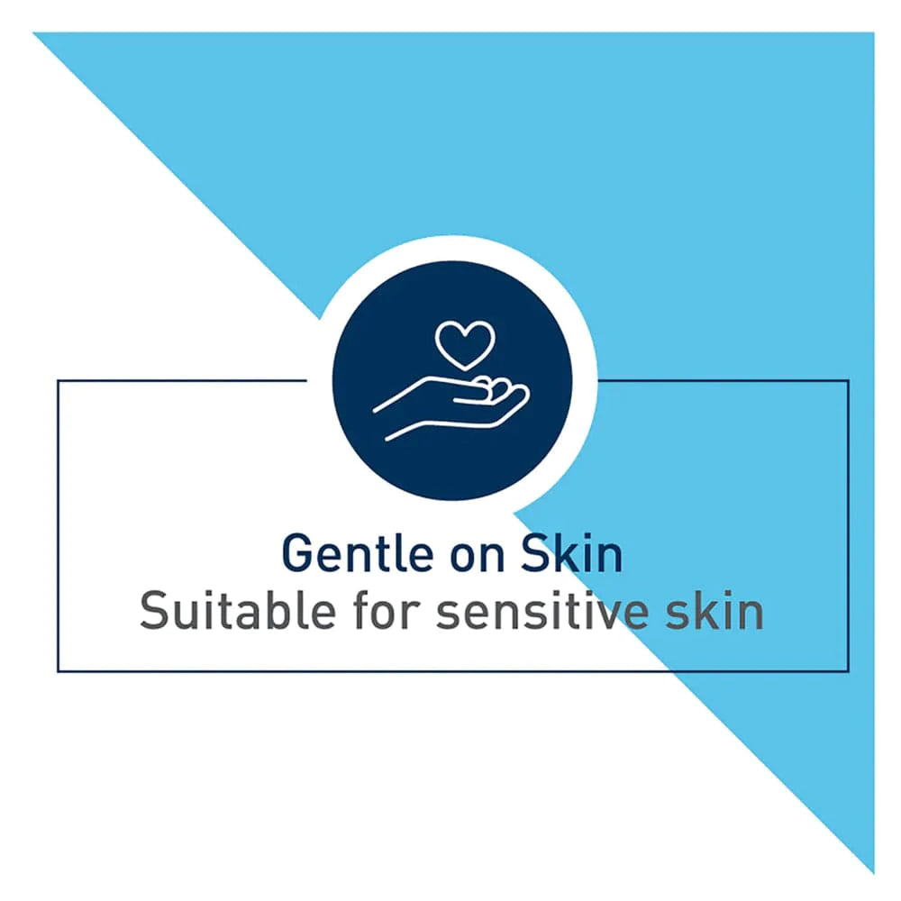 Blue and white square with Gentle on Skin Suitable for Sensitive skin, written below a diagram of a hand with a heart floating above it inside a navy circle.