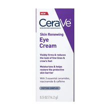 CeraVe Skin Renewing Eye Cream packaging on a white background. Purple and white box.