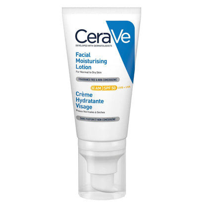 Image of a tube of Cerave Facial Moisturising Lotion for normal to dry skin. It has blue writing on a white tube with a pump top dispenser. 