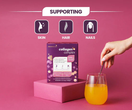 Collagen complex supplement box with a glass of orange juice on a pink background