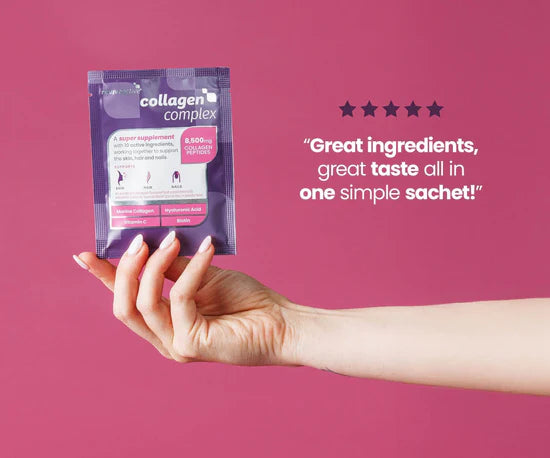 Hand holding a packet of 'Collagen Complex' against a pink background with a five-star rating and customer review text.