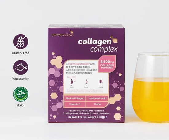 Collagen complex supplement box with a glass of orange juice on a white background