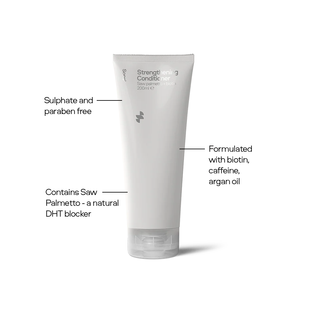 White tube of Sons hair care product with text highlighting features on a white background