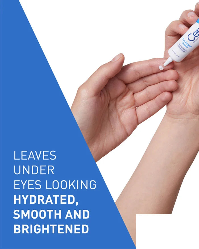 Person squeezing eye cream from tube onto forefinger of left and.