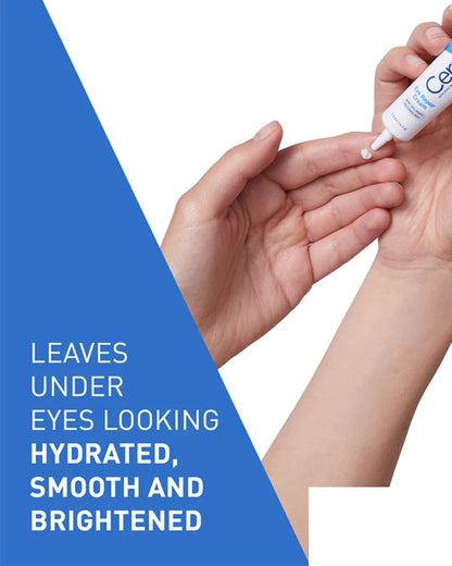 Person squeezing eye cream from tube onto forefinger of left and.