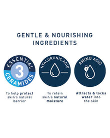 Gentle and nourishing ingredients for skincare with icons and text on a white background.