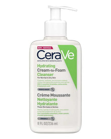 Image of a bottle of CeraVe Hydrating Cream to Foam Cleaner for normal to dry skin. It comes in a white and light green rectangular pump bottle shown in the picture.