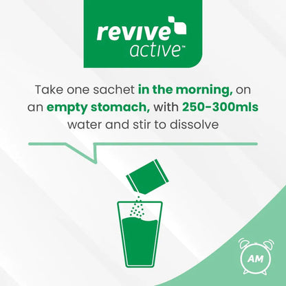 Diagram showing sachet being opened and poured into a glass  containing 250 - 300mls of water. It explains that it must be stirred to dissolve contents.