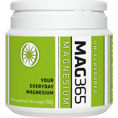 A container of MAG365 Magnesium supplement powder, unflavored, with a net weight of 150g.