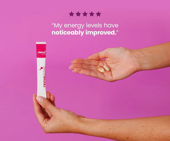 Hand holding a pink and white tube sachet and 2 capsules in the palm of a right hand text on a pink background stating "My energy levels have noticeably improved"