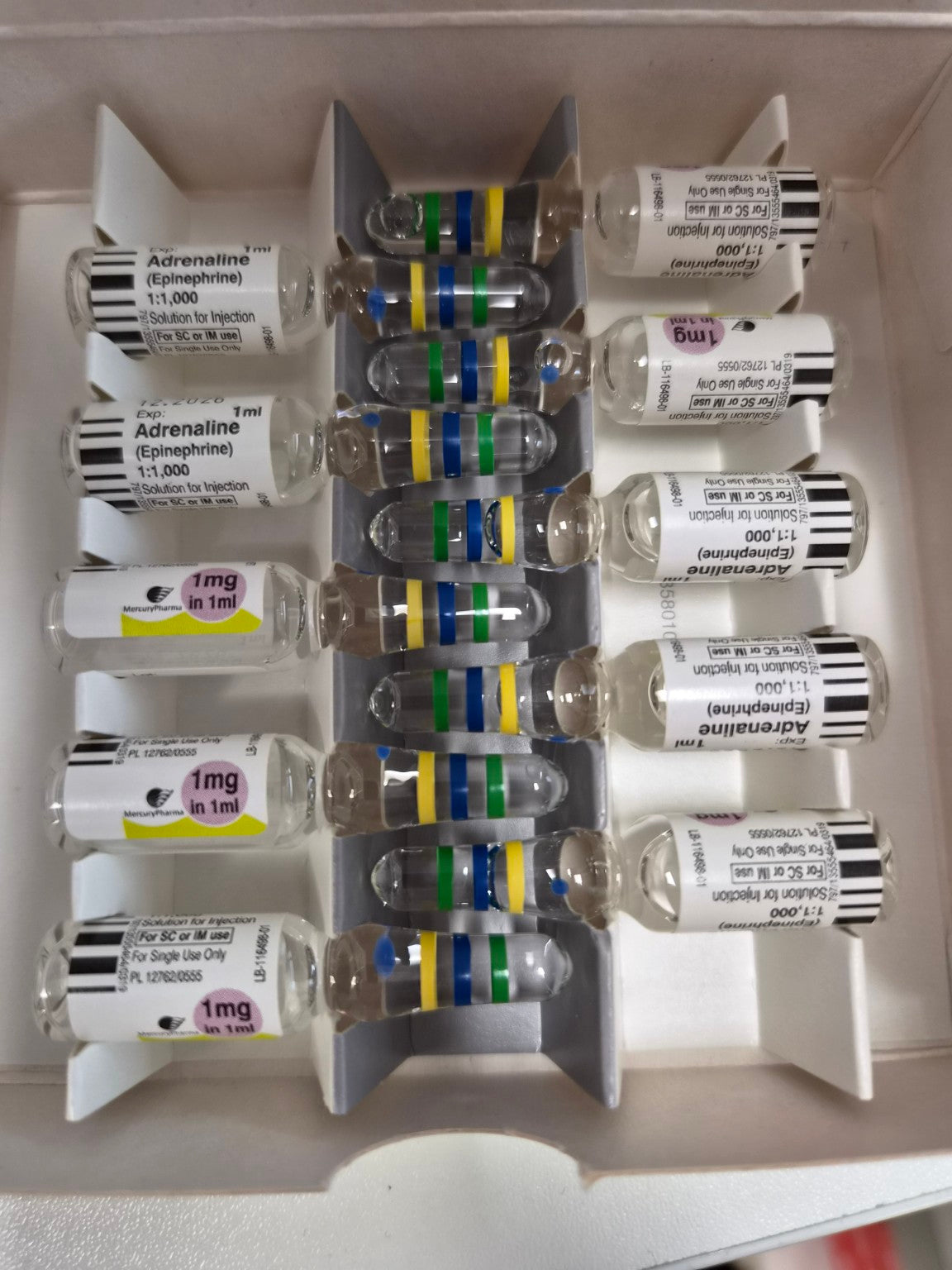 Actual pack of 10 MercuryPharma adrenaline 1:1,000 ampoules, each 1 mg in 1 ml